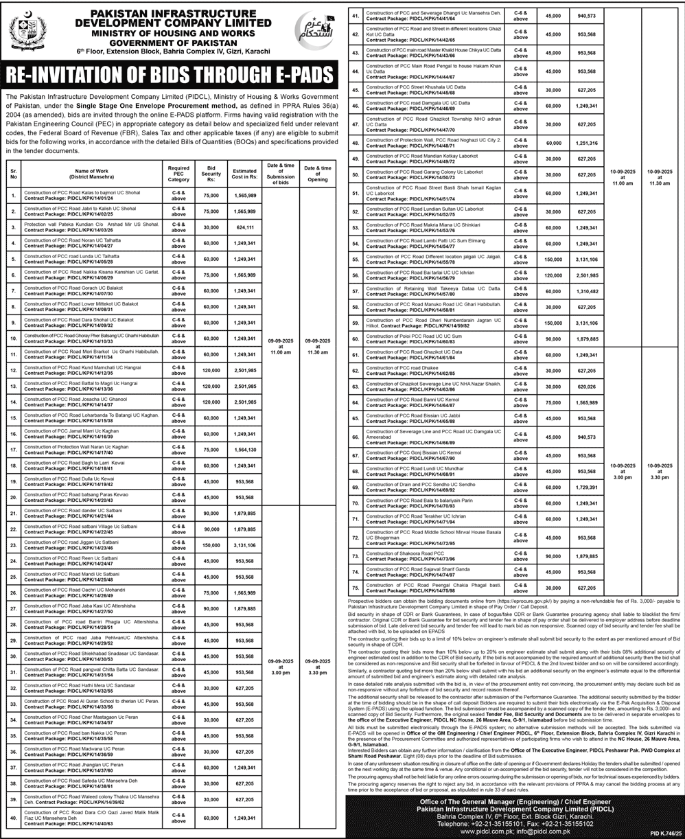 Pakistan Infrastructure Development Company Limited Karachi Tender Notice